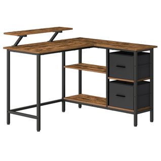 Bureau En Forme De L Avec 2 Tiroirs Spacieux, Avec Support Pour Écran, Longueur 115 Cm, Marron