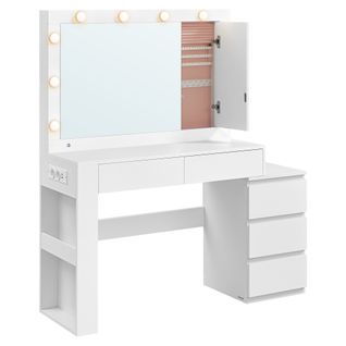 Coiffeuse, Avec Tiroir, Avec Éclairage LED Et Miroir, Multiprise, 40 X 125 X 140 Cm, Blanc Nuage