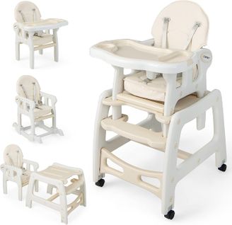 3 En 1 Chaise Haute Bébé Convertible Avec Plateau, Harnais 5 Points, Charge 20kg, 6-36 Mois Beige