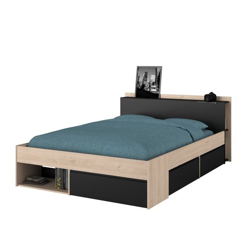 Lit 160x200 cm avec rangements PUZZLE imitation chêne et noir