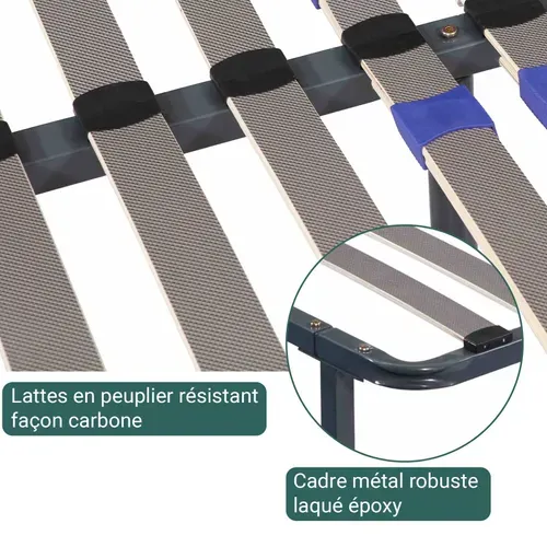 Sommier 140x190 Cm Confortflex - Cadre à Lattes Effet Carbone Réglables - 7 Pieds Inclus