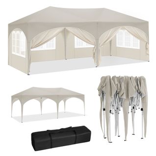 Tonnelle De Jardin Imperméable 3x6m. Pergola Pliante Avec 6 Parois Latérales. Beige