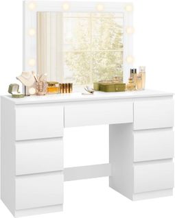 Coiffeuse Avec Miroir LED À Luminosité Réglable - 110x39.5x140.5 Cm - Blanc