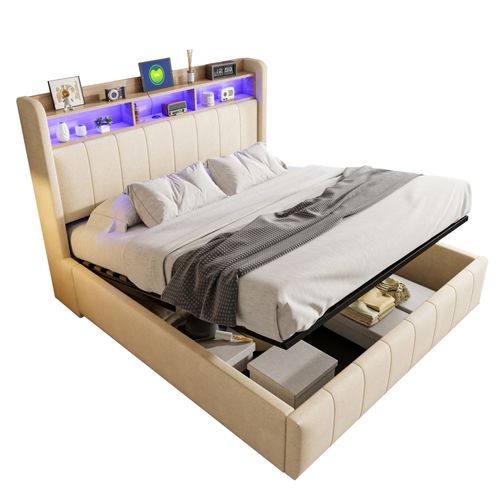 Lit Coffre 160x200 Cm - Lit Double Capitonné Avec Coffre Hydraulique, LED Et USB, Lin Beige,