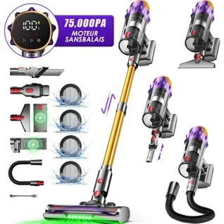 Aspirateur Balai Sans Fil 75kpa 70 Min D’autonomie, Écran Tactile, 3 Modes Réglables, Lumière Verte