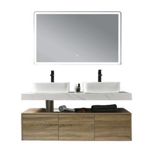 Meuble De Salle De Bain Double Vasque 140cm Bois Et Effet Marbre Avec Miroir LED