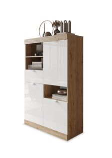 Buffet haut 2 portes 3 tiroirs H.149 cm SLIM imitation chêne et blanc brillant