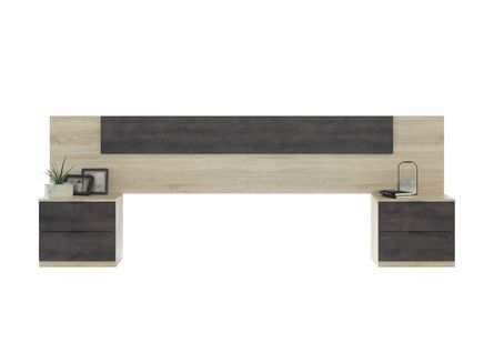 Tete de lit + 2 chevets AYALA imitation chêne et noir