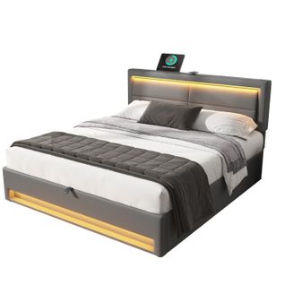 Lit Adulte Lit Coffre 140x190 Cm, Lit 2 Place Avec Port De Charge USB Et Éclairage LED, Pu, ​​gris