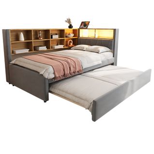 Lit Enfant Lit Gigogne 90x200/90x190cm, Avec LED, Prises Et Nombreux Rangements, Flanelle Gris Foncé