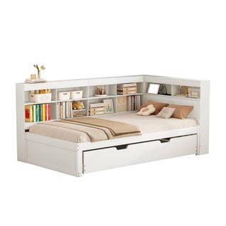 Lit Enfant Gigogne 90x200/190 Cm En Bois Avec Étagères, Rangement, Prise USB, Blanc
