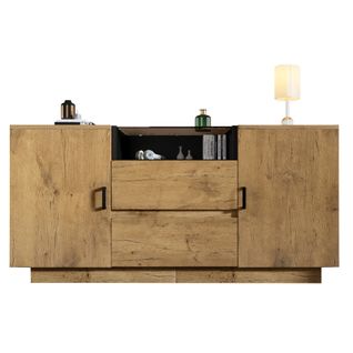 Buffet En Bois Effet Chêne Avec Plateau En Verre Brun Et Rangement, 2 Tiroirs Et 2 Portes